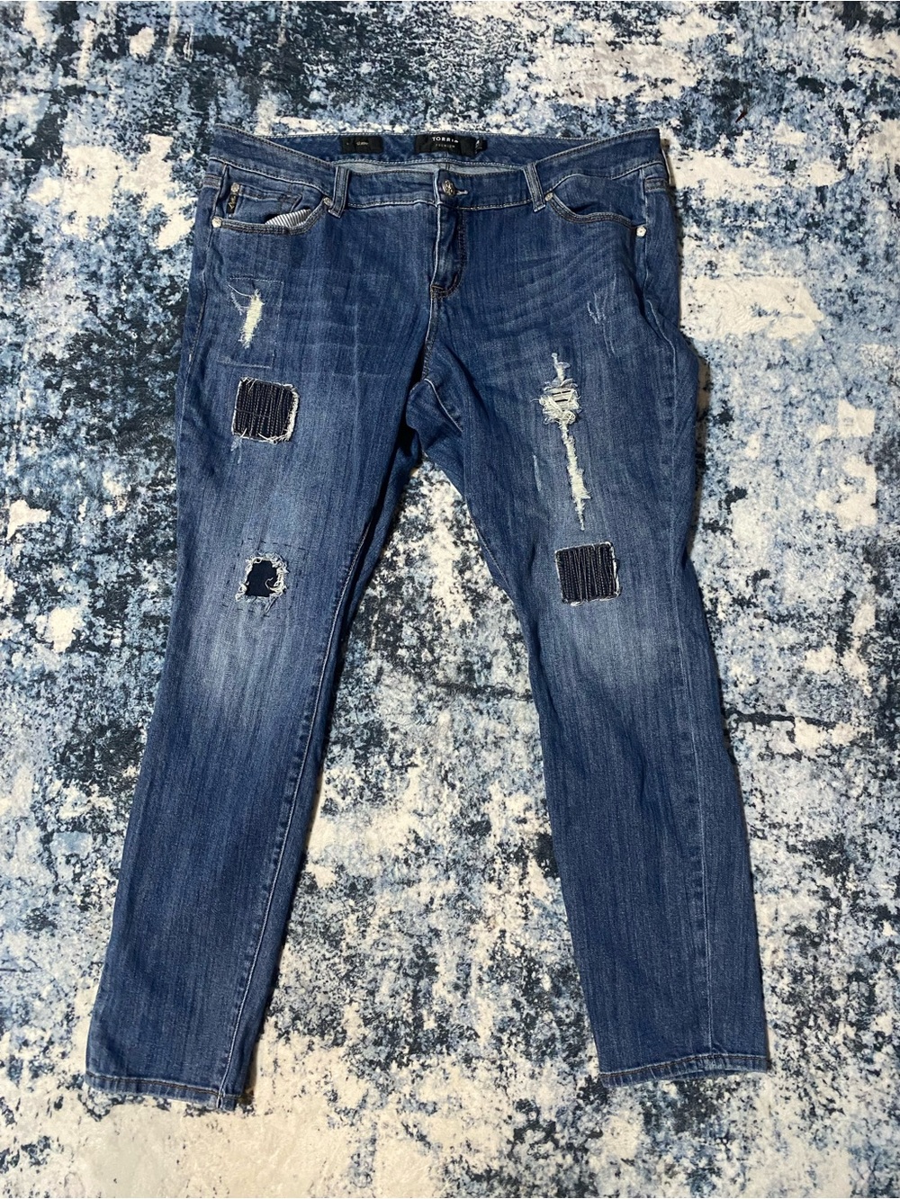 Torrid Women’s 16 Mid-Rise Distressed Skinny Jeans Blue Denim Patchwork Frayed